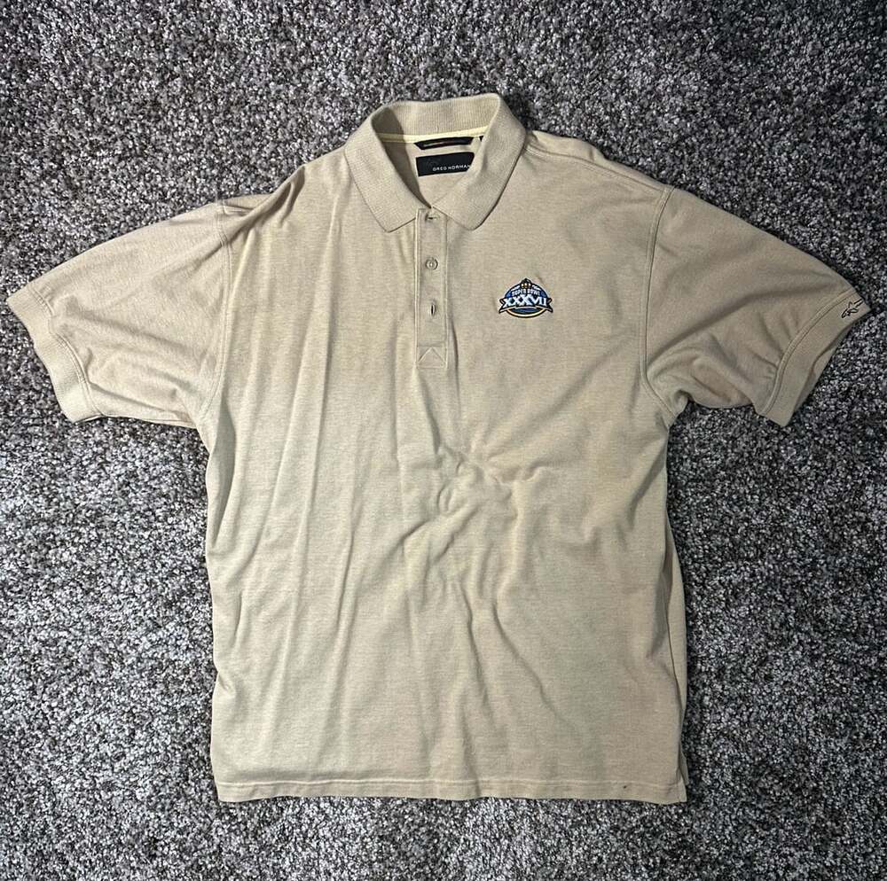 Greg Norman Super Bowl XXXVI Polo Size XL Tan Embroidered Golf Shirt